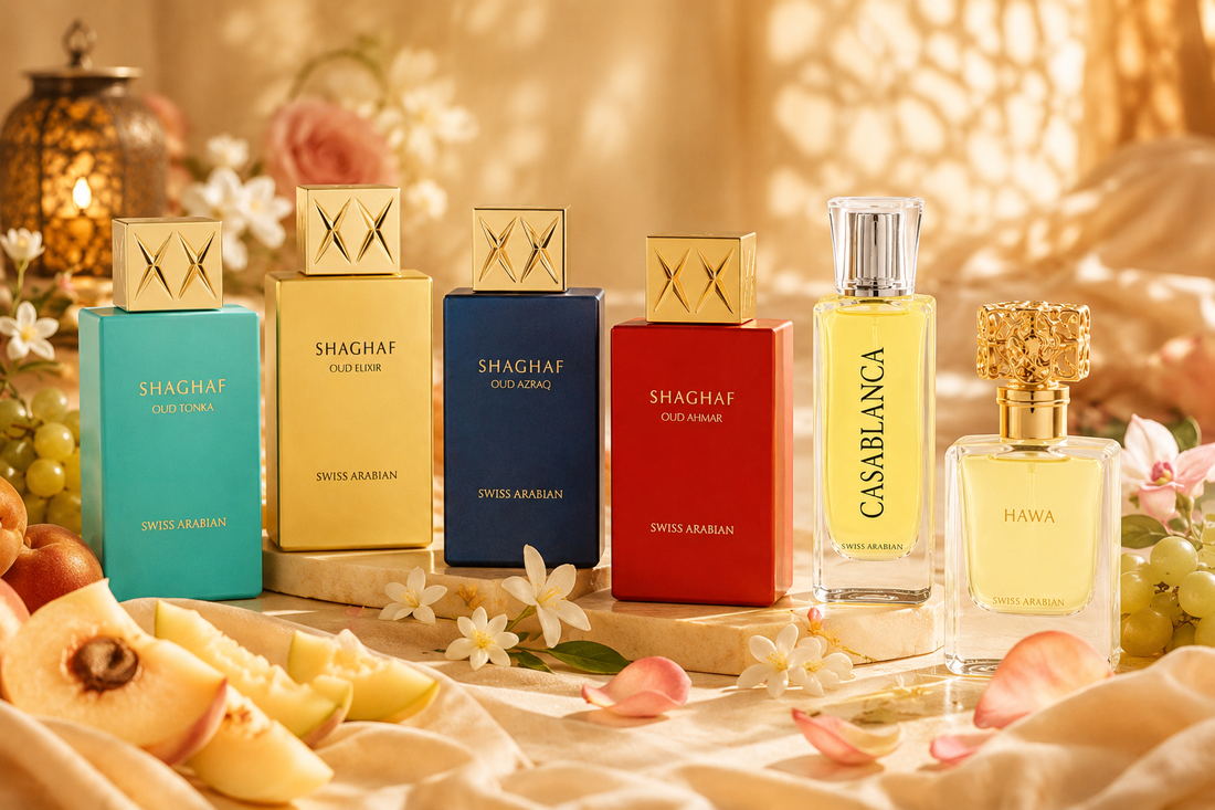 Swiss Arabian Shaghaf Oud perfume range including Oud Tonka, Elixir, Azraq and Ahmar, stocked at Nexara Perfumes UK