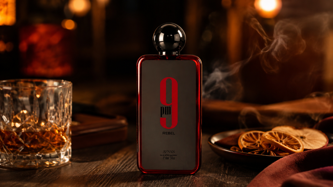 Afnan 9PM Rebel 100ml perfume bottle on a dark wood bar table with a whisky glass, dried citrus, and warm amber lighting