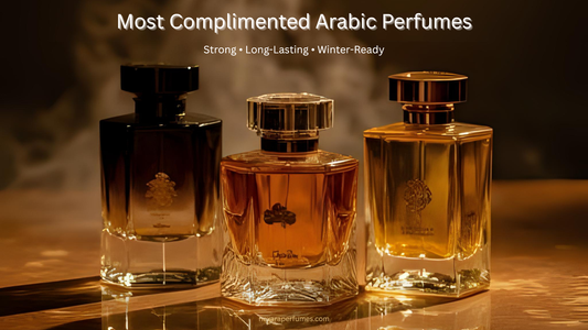 Most Compemented Arabic Perfumes, three perfume bottle in dark gold background
