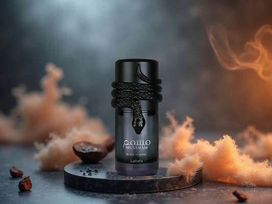 Musamam Black Intense bottle in dark background