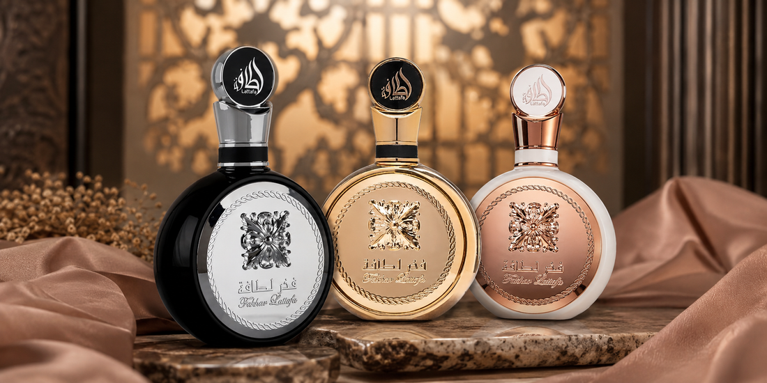 lattafa fakhar family, tro, perfume bottle with ababian background