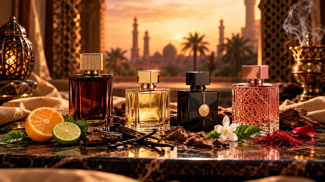 Glass perfume bottles arranged with sliced citrus, spices and lanterns, with a mosque skyline glowing in the background