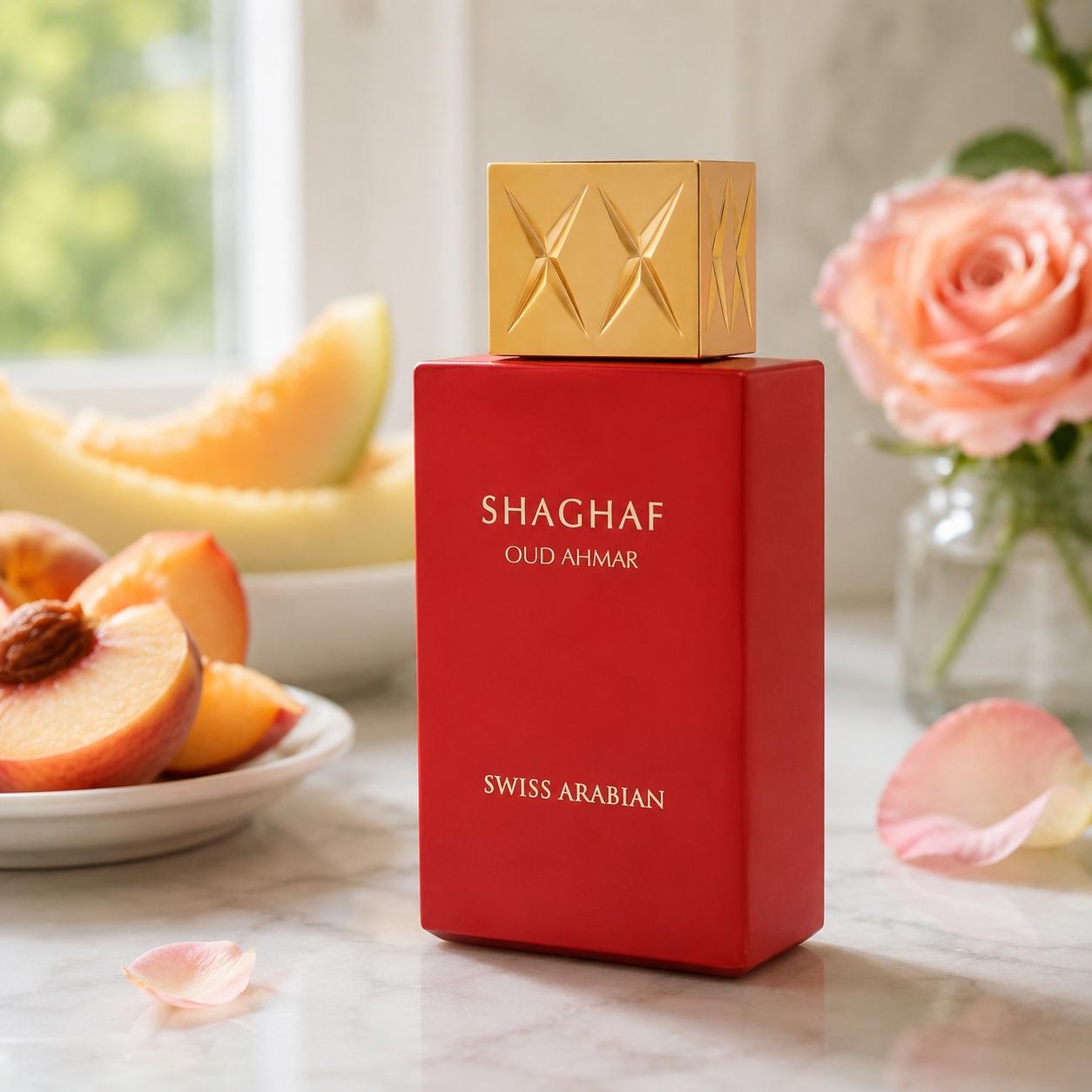 Shaghaf Oud Ahmar by Swiss Arabian perfume bottle styled with peach and rose in a fresh, bright floral setting