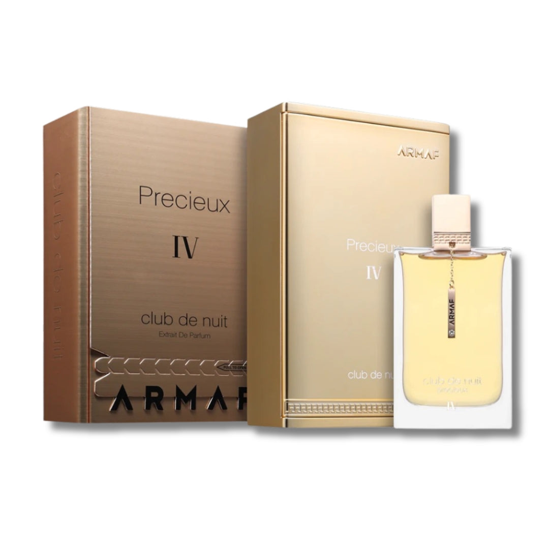 Armaf Precieux IV Club de Nuit Eau de Parfum shown with its metallic gold packaging box and the clear glass perfume bottle containing pale yellow liquid, on a white background.