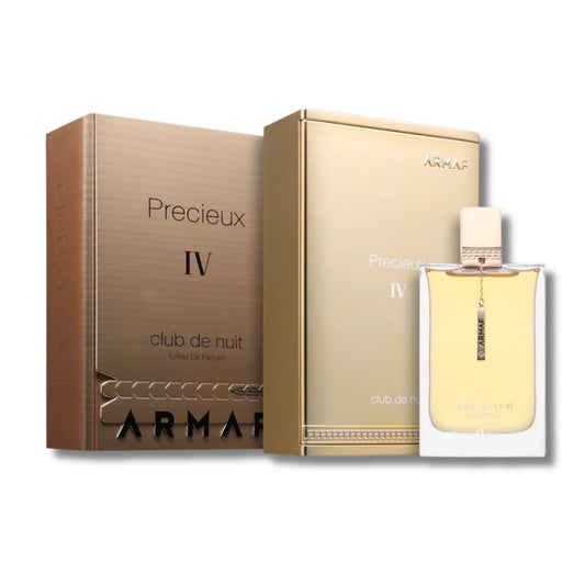 Armaf Precieux IV Club de Nuit Eau de Parfum shown with its metallic gold packaging box and the clear glass perfume bottle containing pale yellow liquid, on a white background.