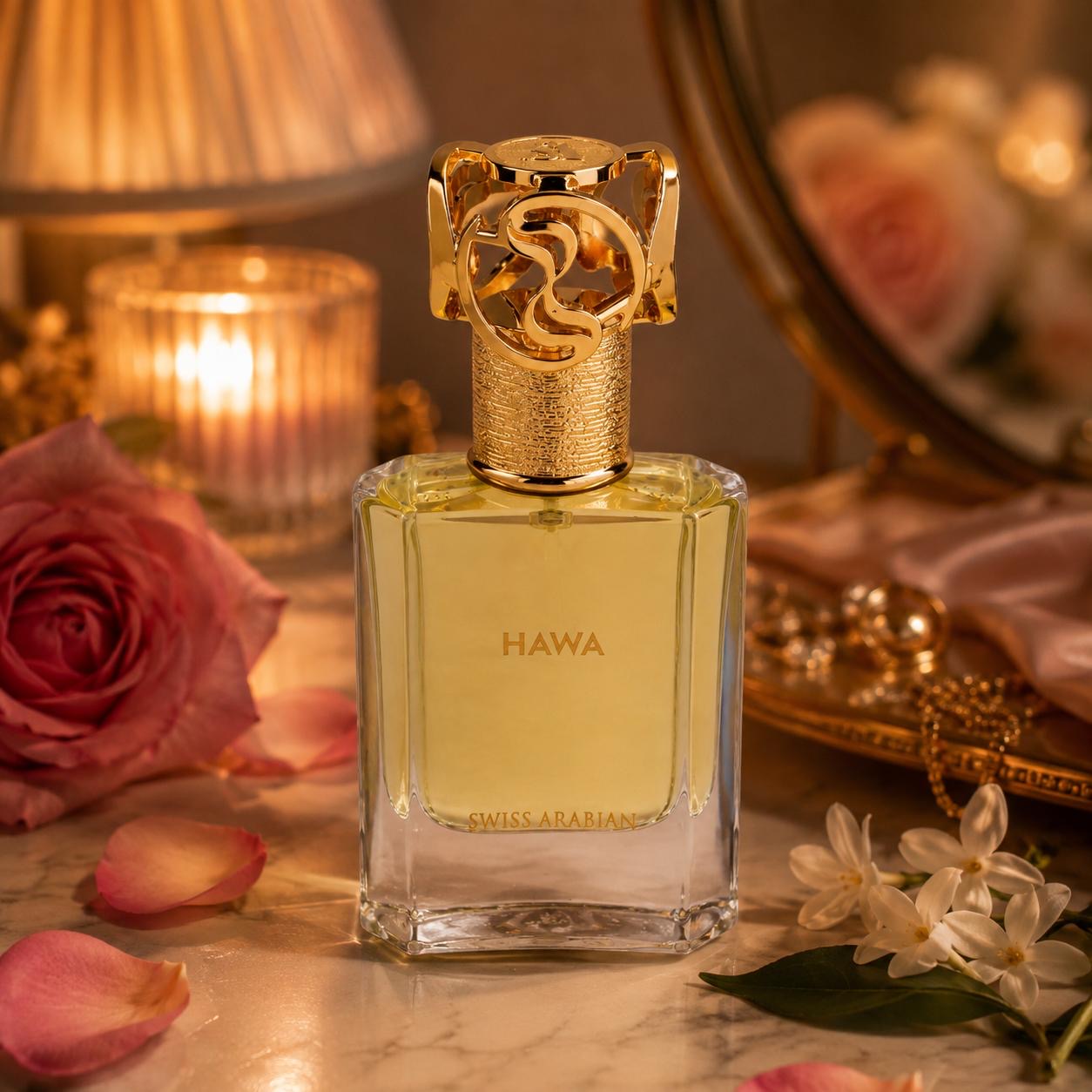 Swiss Arabian Hawa Extrait de Parfum bottle styled with rose petals in a romantic candlelit setting