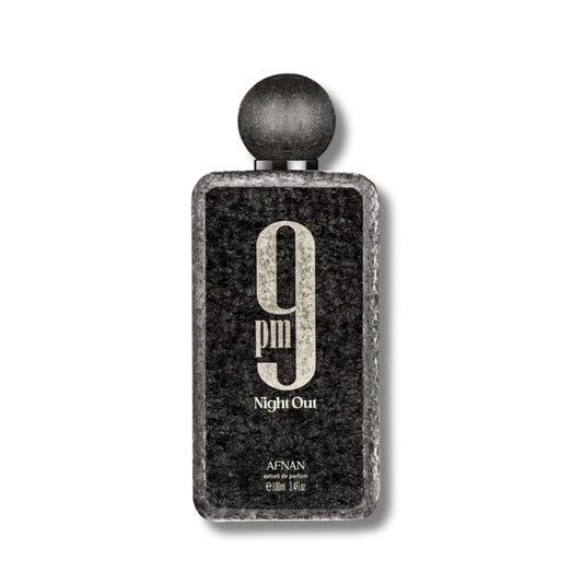A rectangular perfume bottle with a textured black label and a dark metallic cap, featuring the text '9 pm Night Out' and 'AFNAN'.