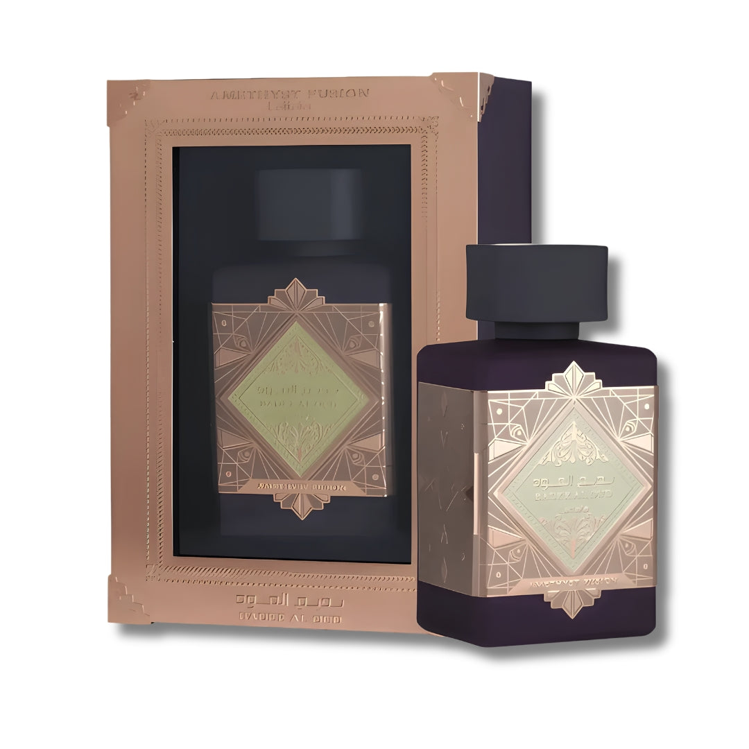 Badee Al Oud Amethyst Infusion by Lattafa 100ml EDP bottle and presentation box
