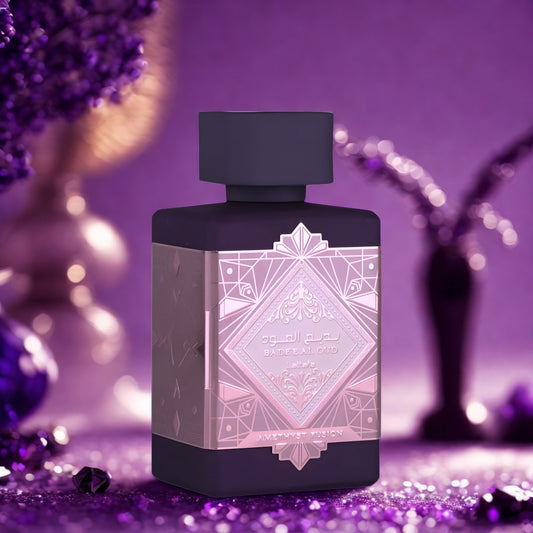 Badee Al Oud Amethyst Infusion by Lattafa 100ml EDP bottle on a purple glitter background with dried flowers