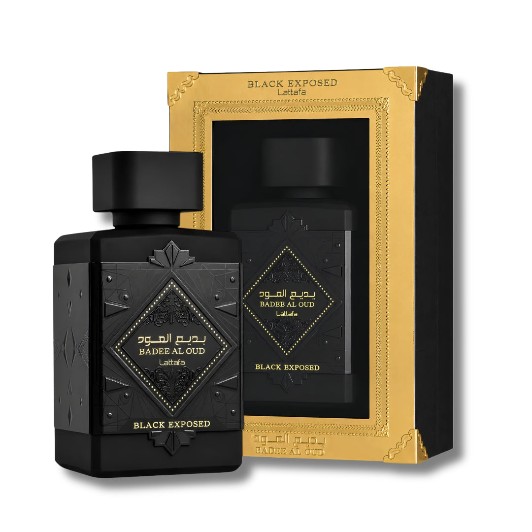 Badee Al Oud Black Exposed by Lattafa 100ml EDP bottle and presentation box