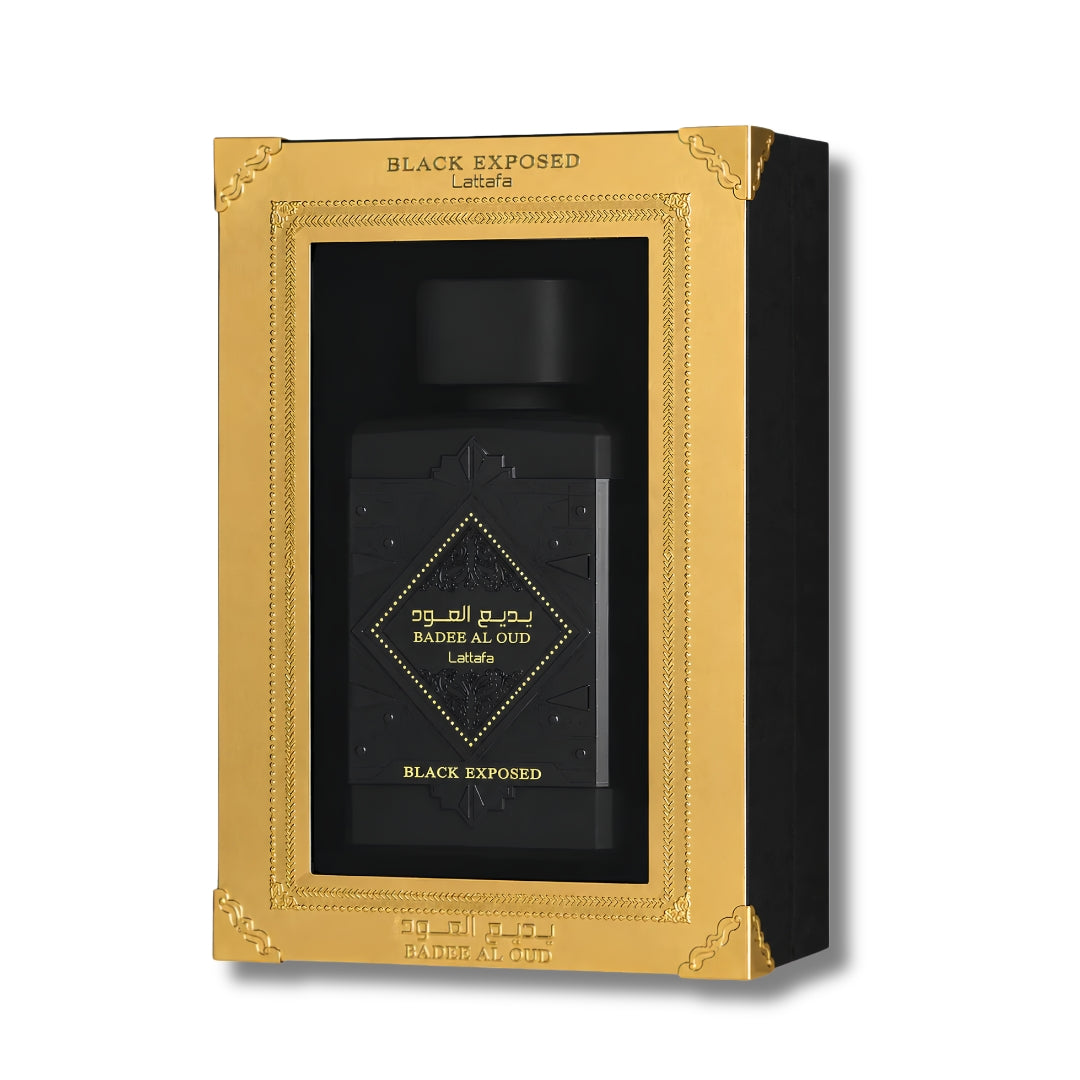 Badee Al Oud Black Exposed by Lattafa presentation box