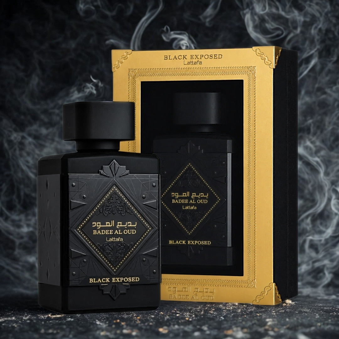 Badee Al Oud Black Exposed by Lattafa 100ml EDP bottle and box in a smoky dark atmosphere