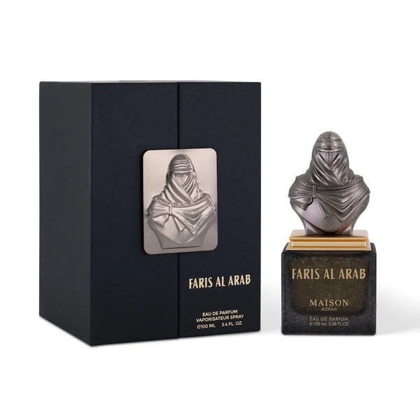 Maison Asrar Faris Al Arab Eau de Parfum 100ml bottle beside its black box