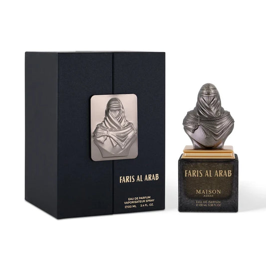 Maison Asrar Faris Al Arab Eau de Parfum 100ml bottle beside its black box