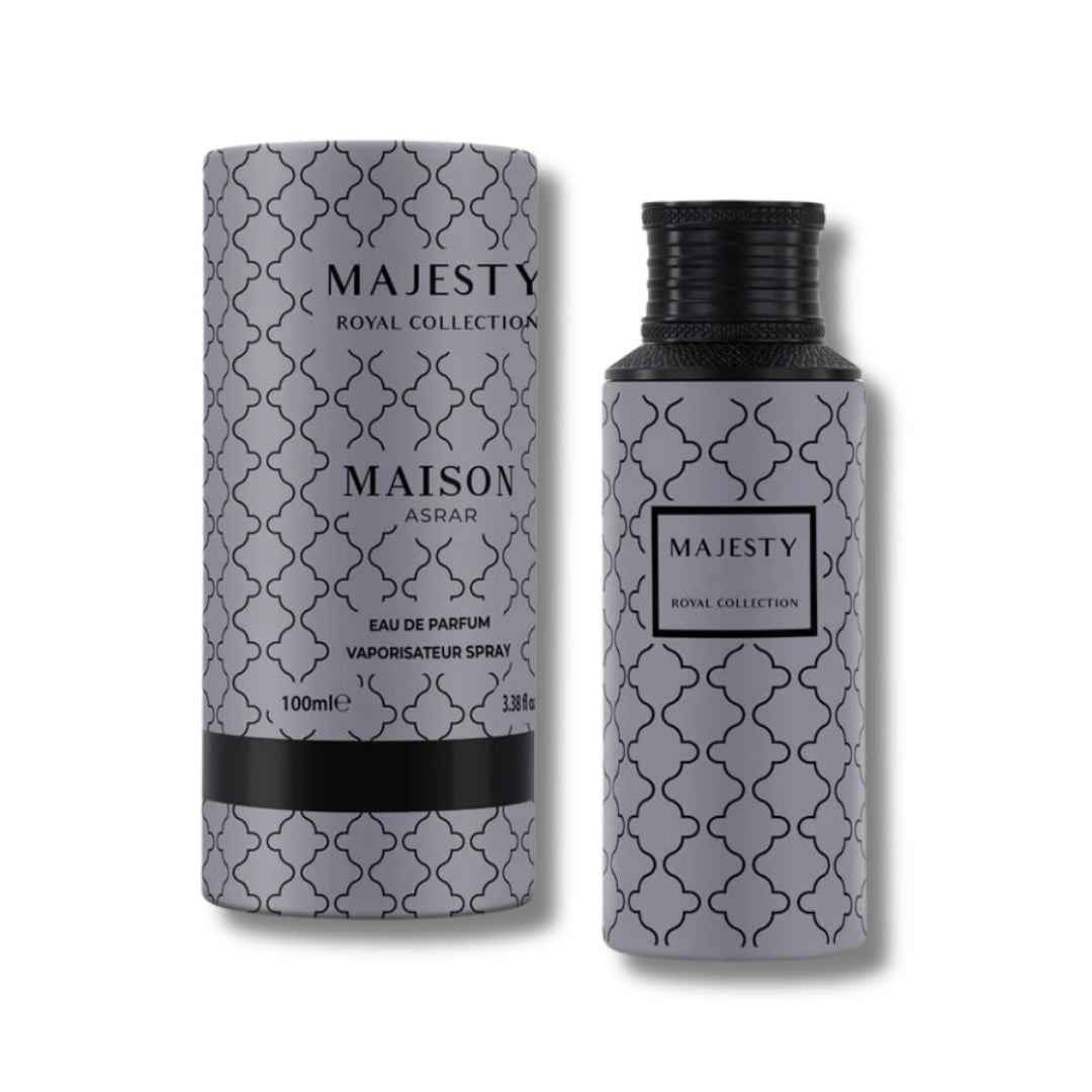 Maison Asrar Majesty Eau de Parfum 100ml grey patterned bottle beside its round box