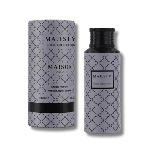 Maison Asrar Majesty Eau de Parfum 100ml grey patterned bottle beside its round box