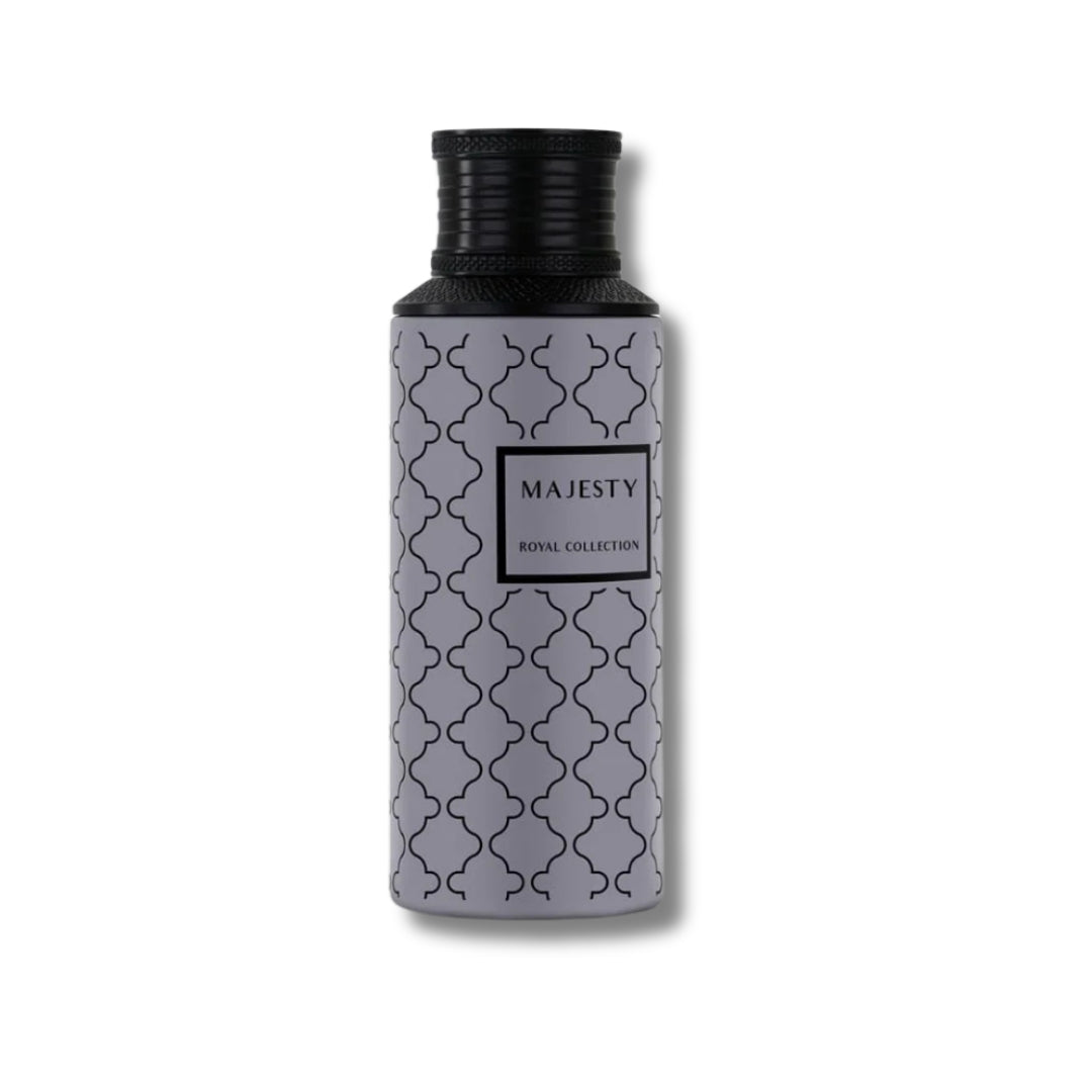 Maison Asrar Majesty 100ml bottle, grey with a black lattice pattern, on a white background