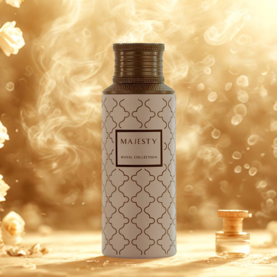 Maison Asrar Majesty bottle in golden smoke with soft cream flowers