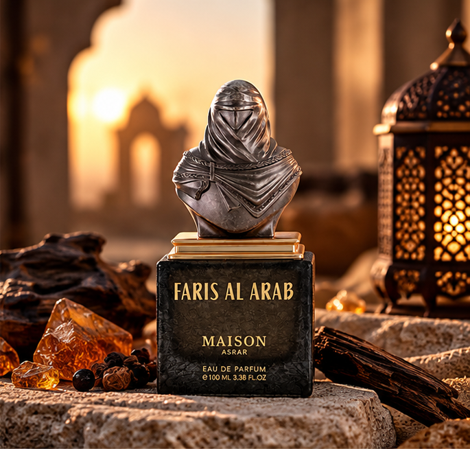 Maison Asrar Faris Al Arab 100ml bottle with a sculpted hooded bust cap on stone beside a lantern at sunset