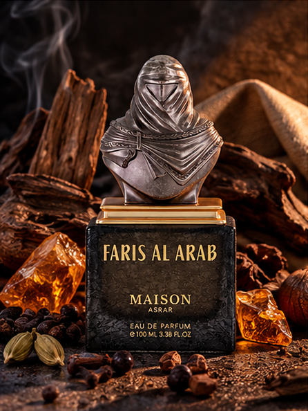 Maison Asrar Faris Al Arab bottle among amber crystals, wood pieces and spices