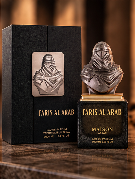 Maison Asrar Faris Al Arab 100ml bottle beside its black box on a polished surface
