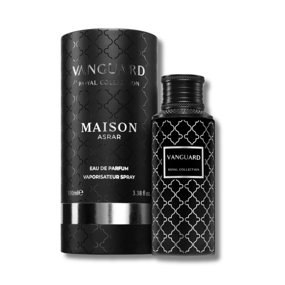 Maison Asrar Vanguard Eau de Parfum 100ml black patterned bottle beside its round box