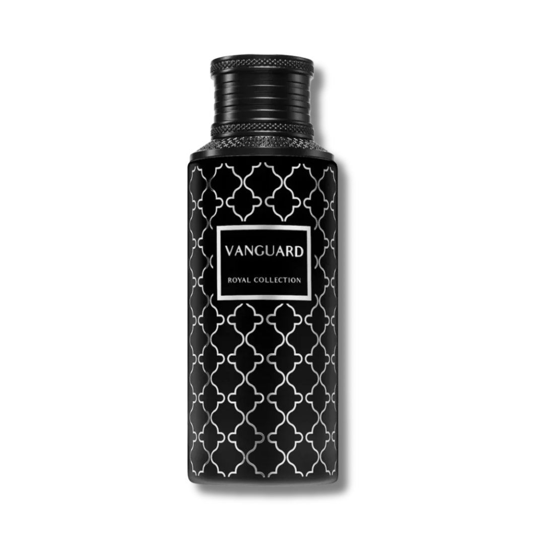 Front view of the Maison Asrar Vanguard 100ml bottle, black with a white lattice pattern
