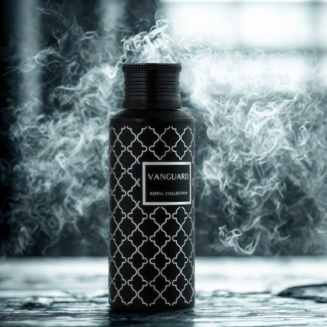Maison Asrar Vanguard bottle with smoke in the background