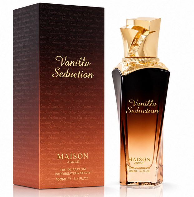 Maison Asrar Vanilla Seduction Eau de Parfum 100ml bottle beside its box