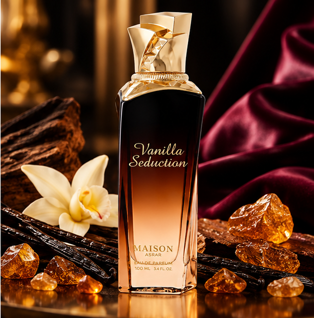 Maison Asrar Vanilla Seduction bottle with a vanilla orchid, vanilla pods and amber crystals beside burgundy velvet