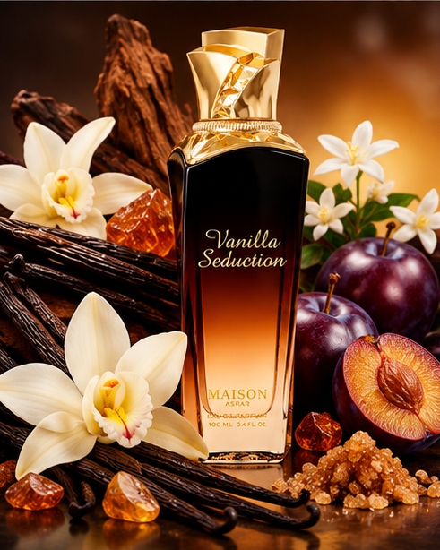 Maison Asrar Vanilla Seduction bottle with vanilla pods, plums, brown sugar crystals and white flowers