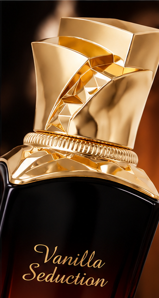 Close-up of the gold faceted cap on the Maison Asrar Vanilla Seduction bottle